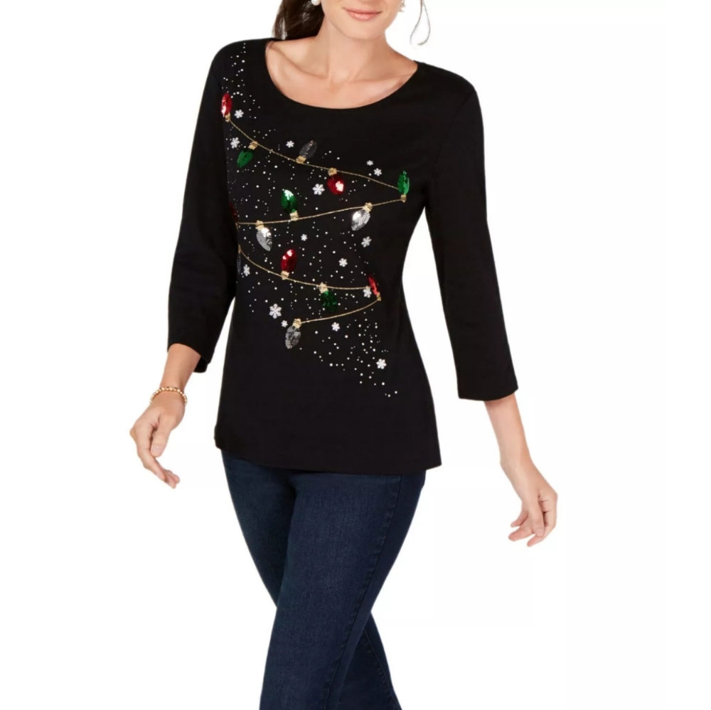 Karen Scott Women's Holiday Lights Shirt Black XL